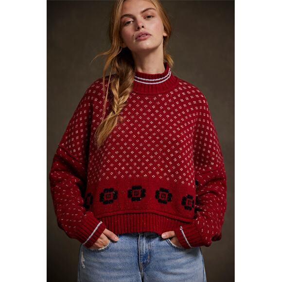 Free People NWT We The Free Red Flower Patch Fair Isle Wool Blend Sweater Size L - Picture 1 of 11